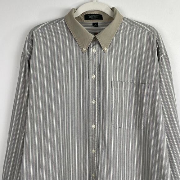 Vintage 90s Mens Striped Button Up Shirt 17 Green Tan Contrast Collar Retro Prep - Picture 2 of 16